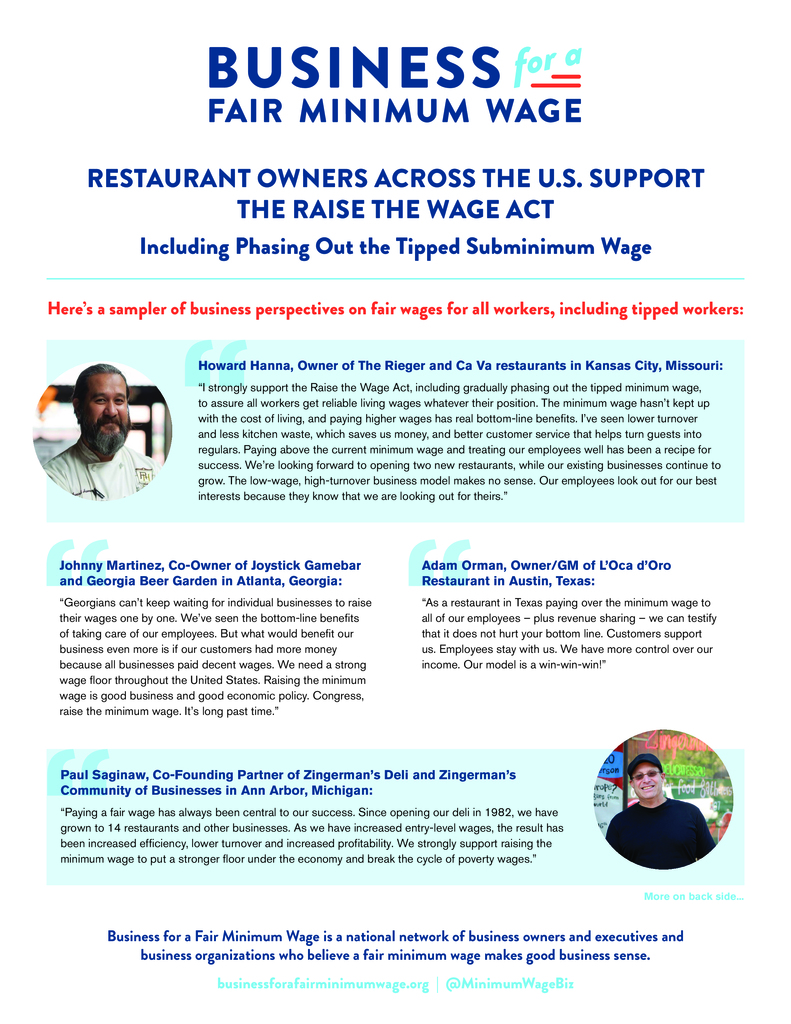 Restaurant Owners Across the U.S. Support the Raise the Wage Act